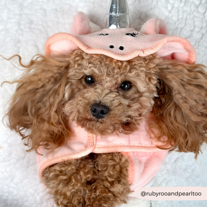 A small curly-haired dog, likely a poodle, is lounging on a fluffy white surface. It’s dressed in a light pink PRE-ORDER Pupicorn Drying Robe by Cocopup London, featuring an adorable animal face on the hood. The dog's ears poke out charmingly from the sides, and it has an endearing, curious expression. The handle "@rubyrooandpearltoo" is also visible in the scene.
