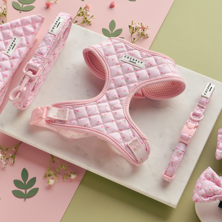 Quilted Ditsy Floral Pink Adjustable Neck Harness, Lead & Collar Bundle