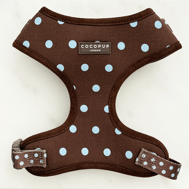 A brown dog harness with light blue polka dot design. Featuring brown hardware.