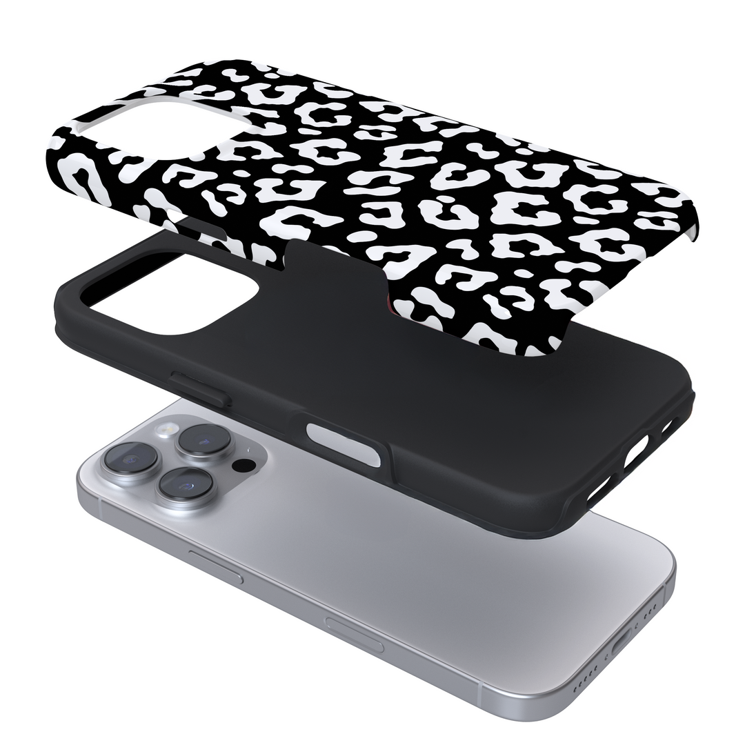 Expanded phone case with black leopard print on a white background