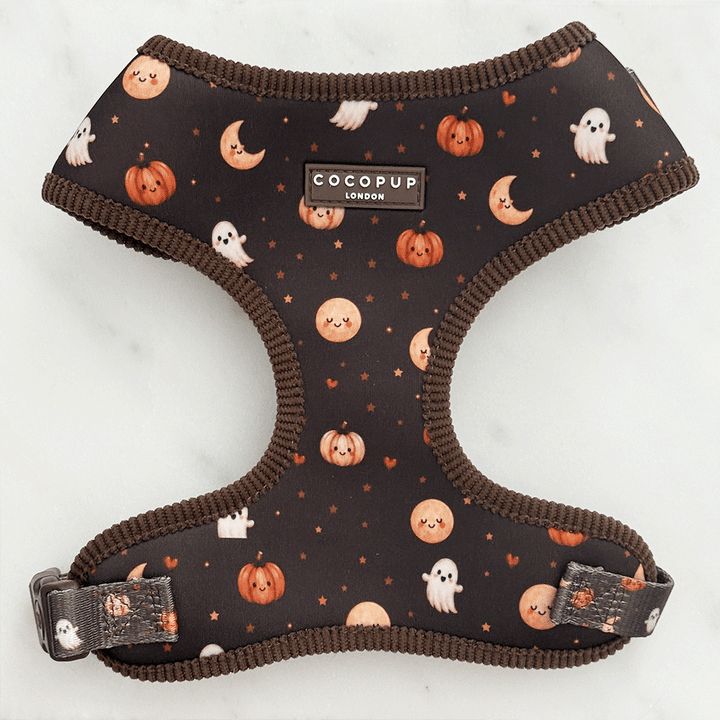 Brown dog harness with cute Halloween print featuring pumpkins, ghosts, and moons.