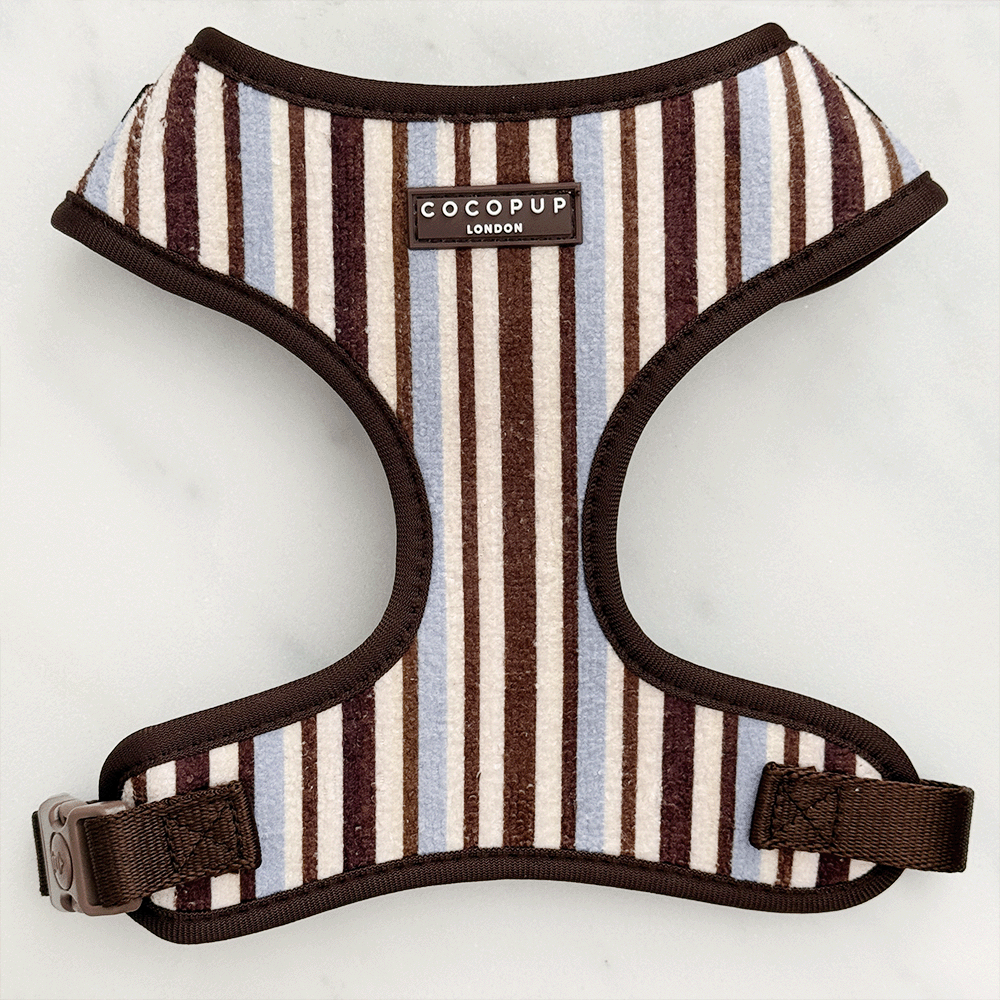 Brown, blue and white striped Dog Harness. With brown hardware and Cocopup logo badge.