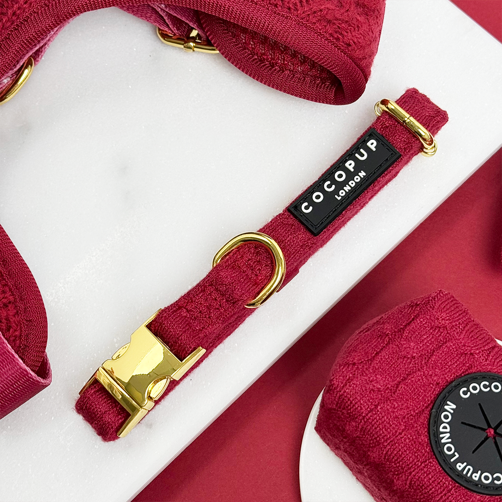 Mulled Wine Cable Knit Adjustable Neck Harness, Lead & Collar Bundle