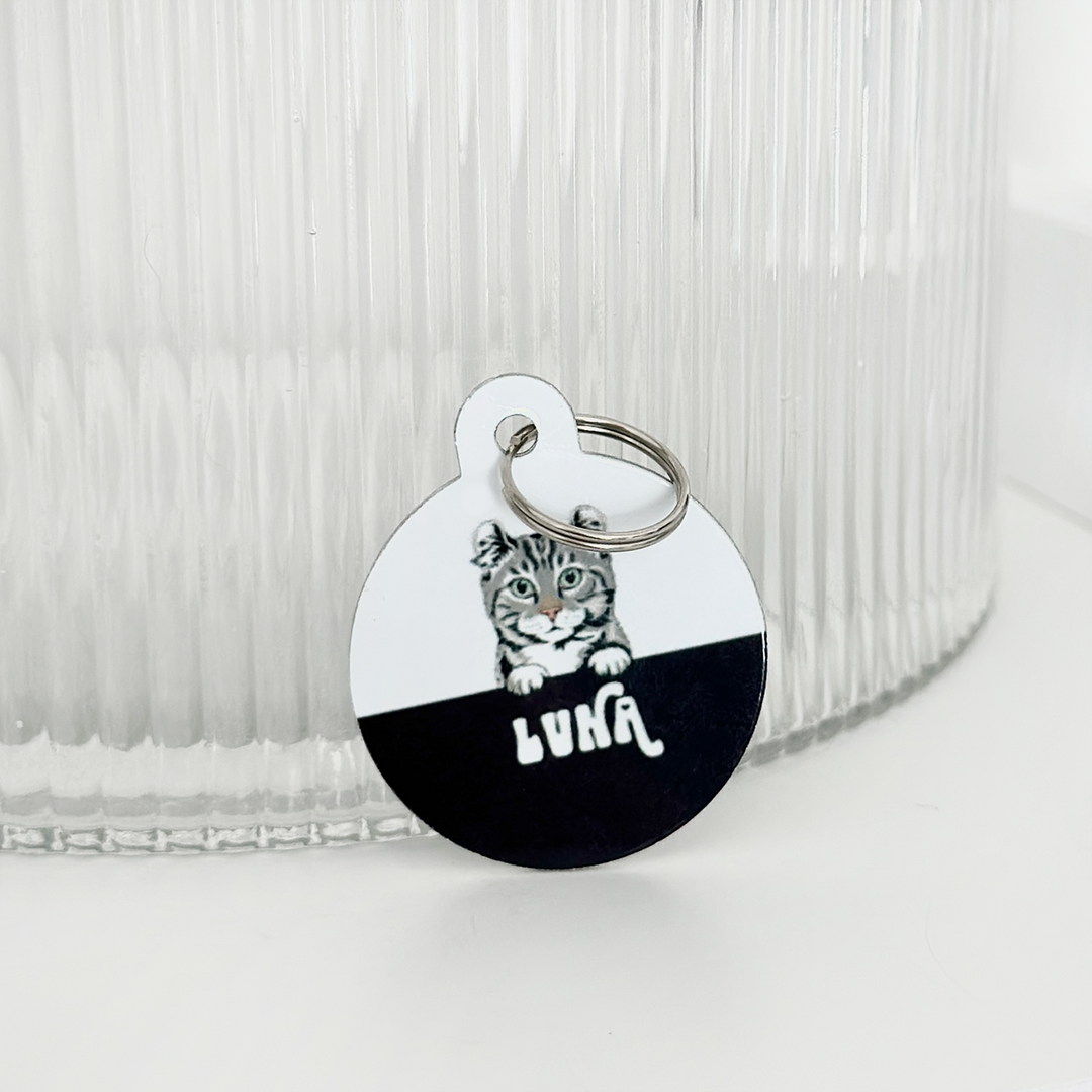 Personalised Cat Cartoon ID Tag - Black