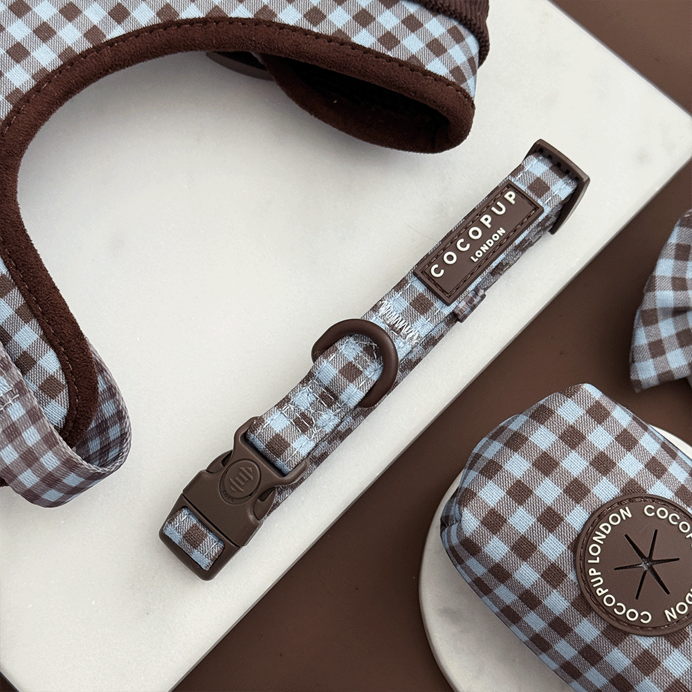A brown and blue check print dog collar. With brown hardware.