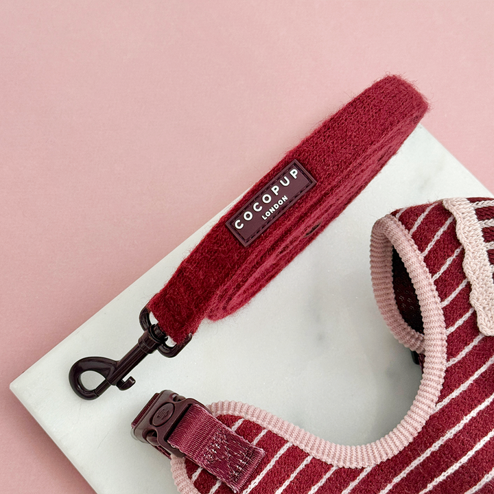 Knitted dog lead in burgundy with colour matched hardware.