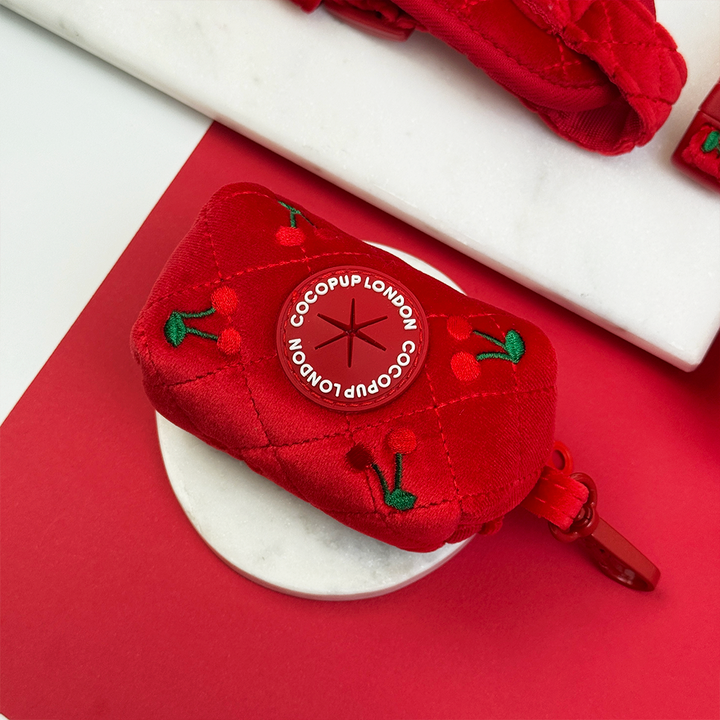Red heart-shaped pouch with COCOUPUP LONDON logo on a red surface