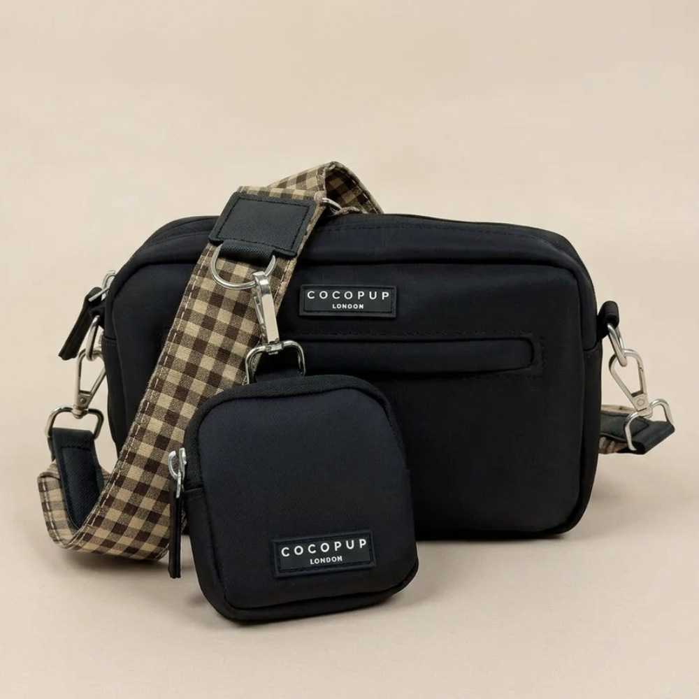 Black Cocopup Dog Walking Bag with Treat Pouch attached and check design brown bag strap.