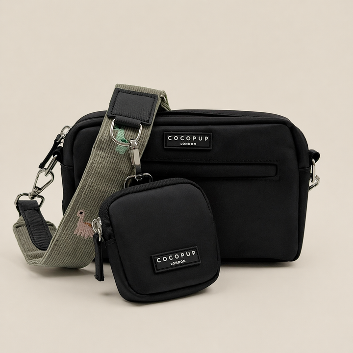Cocopup Black Dog Walking Bag, Treat Pouch with attached green corduroy material Bag Strap with embroidered dinosaurs. 