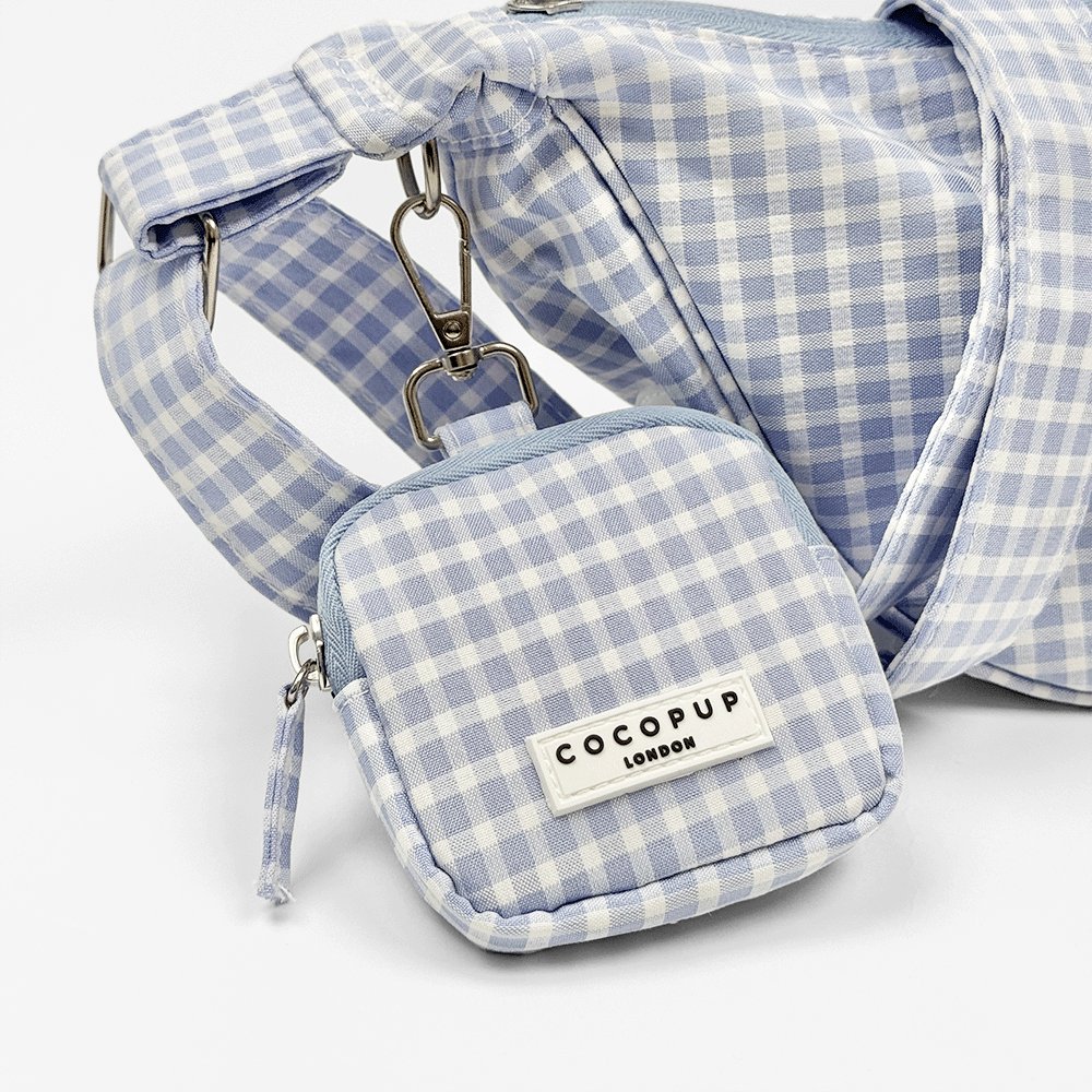Blue and white gingham check print treat pouch for dog treats. 