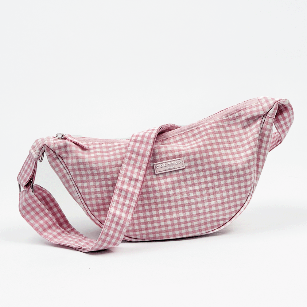 Pink and white gingham check design bag with matching strap.