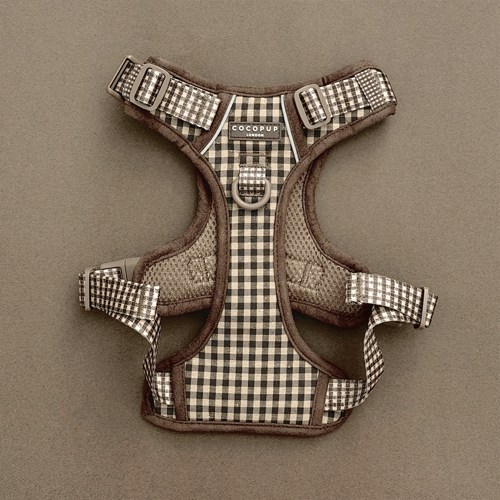 Check design dog Harness in neutral brown shades, with Cocopup branding.