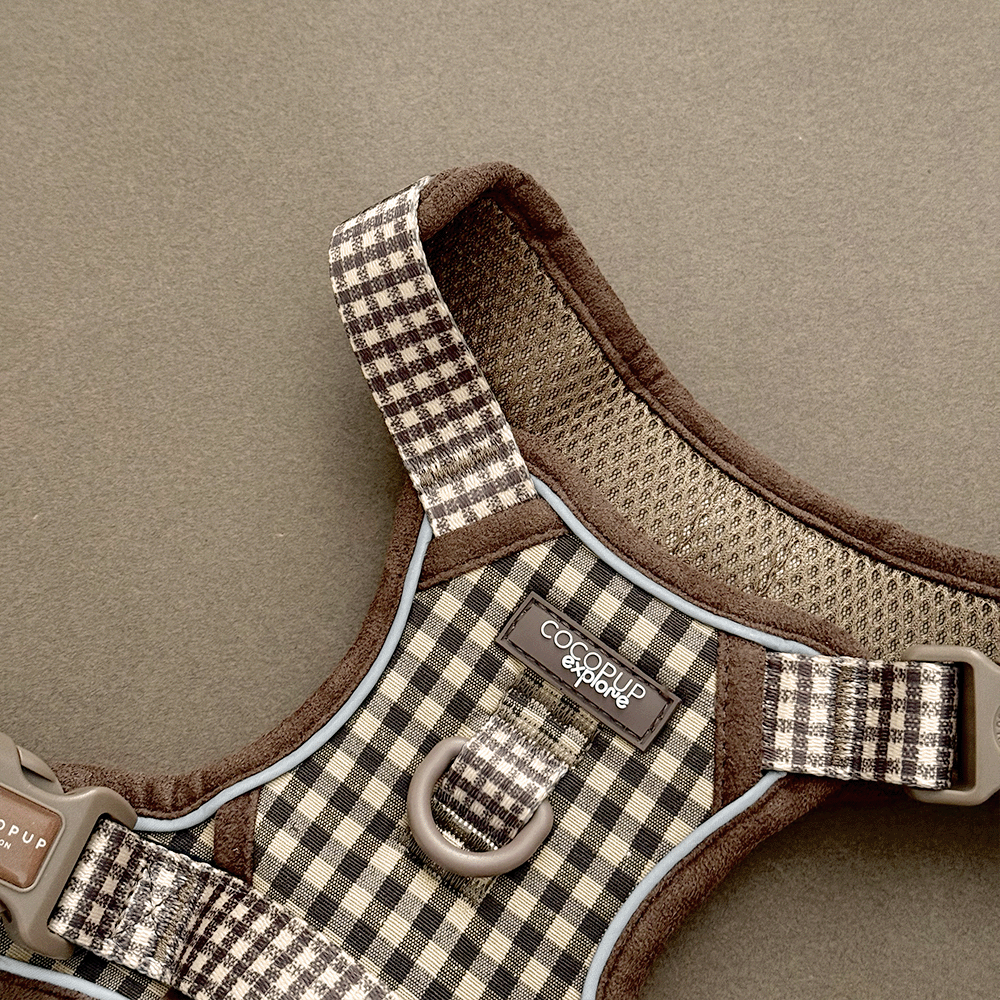 Check design dog Harness in neutral brown shades, with Cocopup branding.