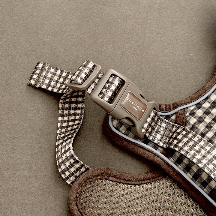 Check design dog Harness in neutral brown shades, with Cocopup branding.