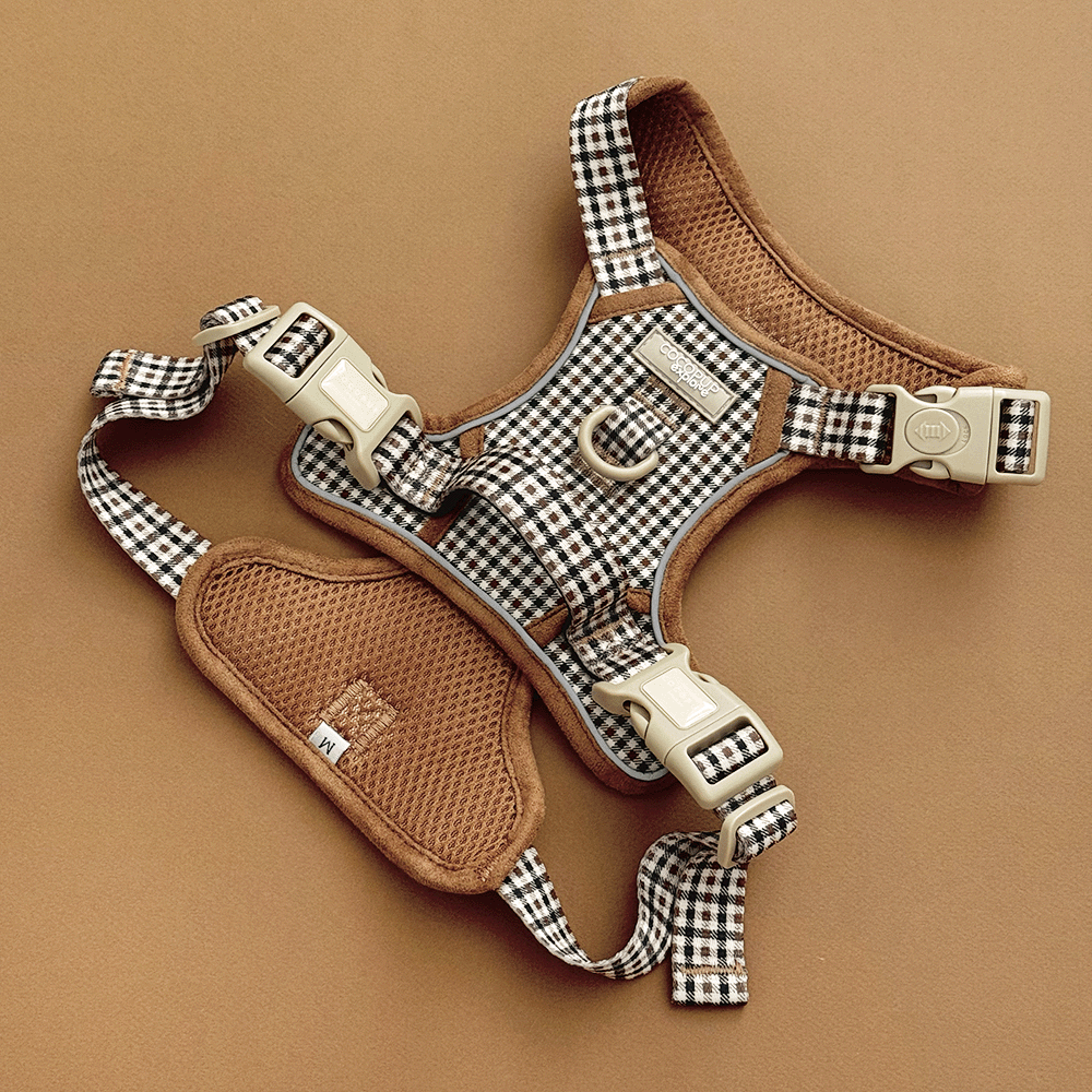 Plaid design dog Harness set in neutral brown shades, with Cocopup branding.