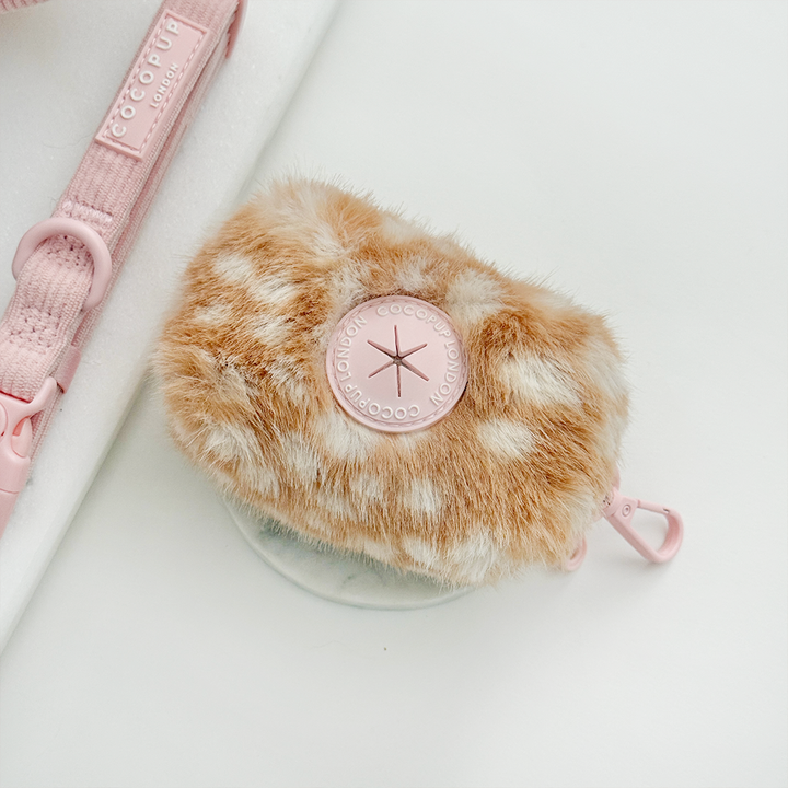 Faux fur poop bag holder, to hold dog poo bags, with a brown and cream fawn pattern.