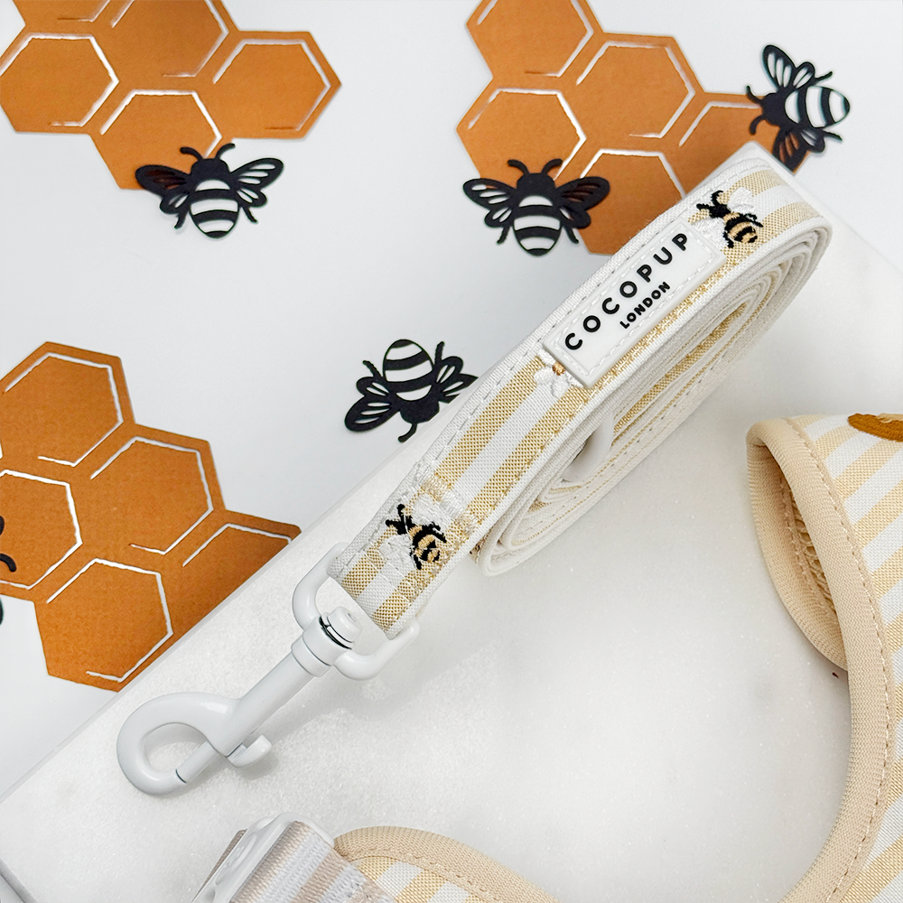 Pale yellow and white striped Dog Lead with bee and honeycomb embroidered decals.