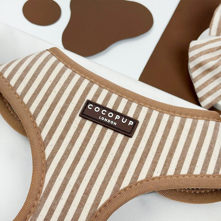 Brown and beige striped dog harness with 'Cocopup London' logo.