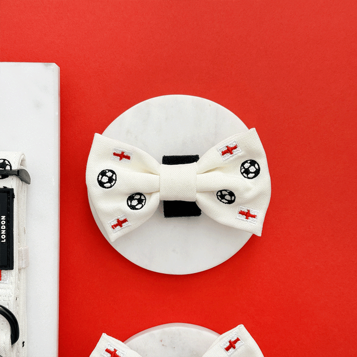 White Dog Bow Tie with embroidered footballs and England flags.