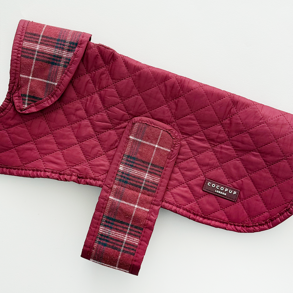 PERSONALISED Quilted Dog Coat - Mulberry Plaid