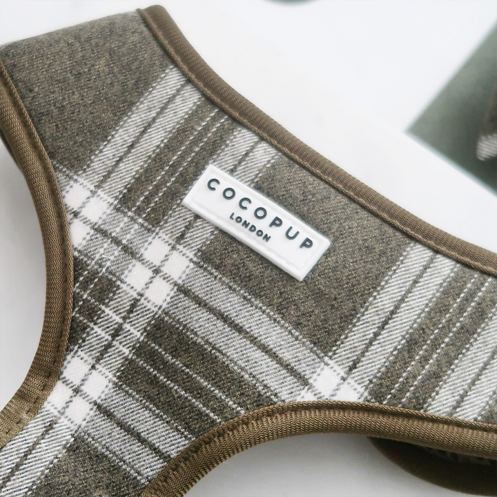Olive Check Adjustable Neck Harness, Lead & Collar Bundle