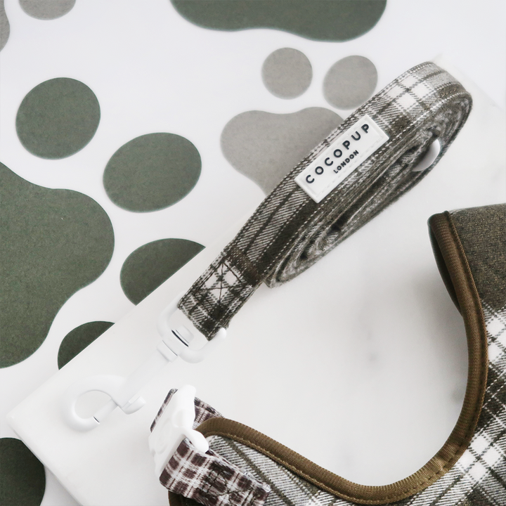 Olive Check Adjustable Neck Harness, Lead & Collar Bundle