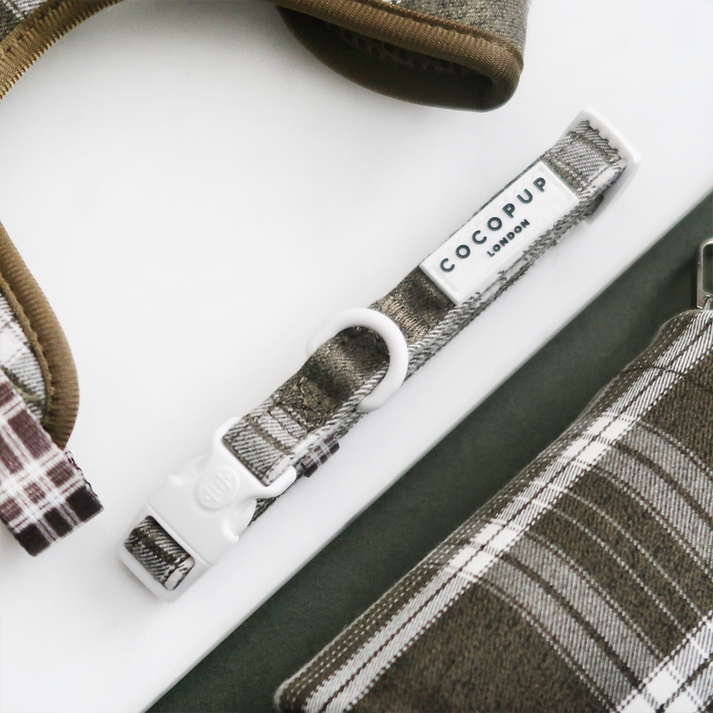Olive Check Adjustable Neck Harness, Lead & Collar Bundle