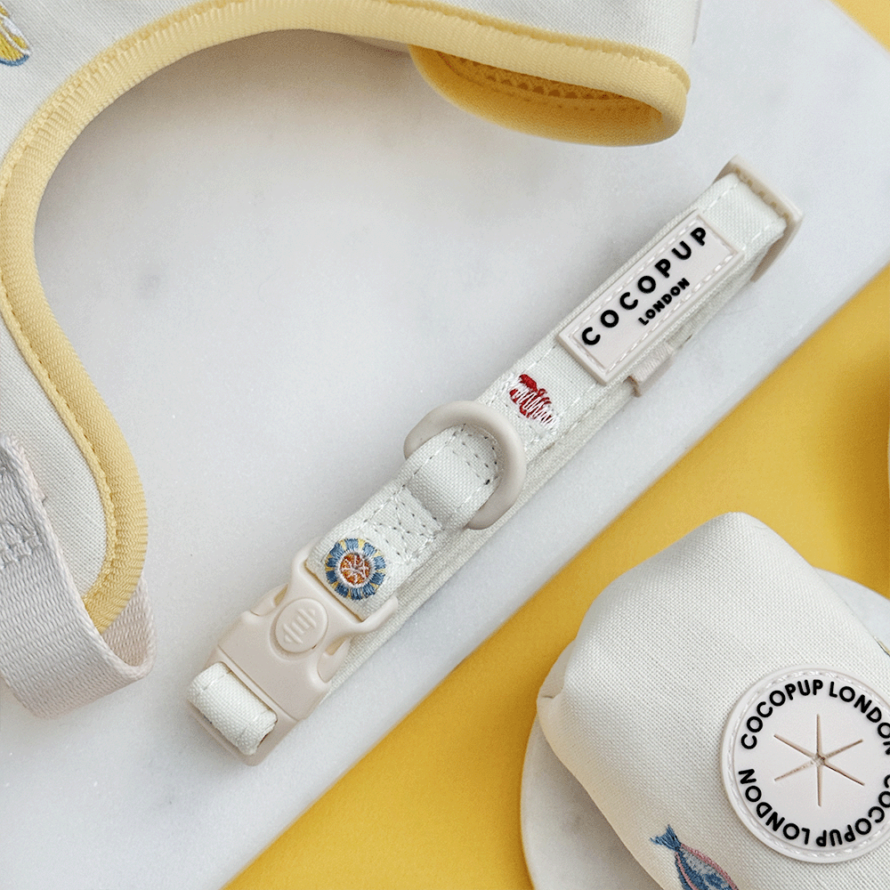 White linen fabric Dog Collar with summer embroidered embellishments.