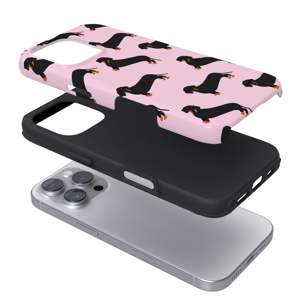 Expanded pink phone case with Dachshunds on a white background