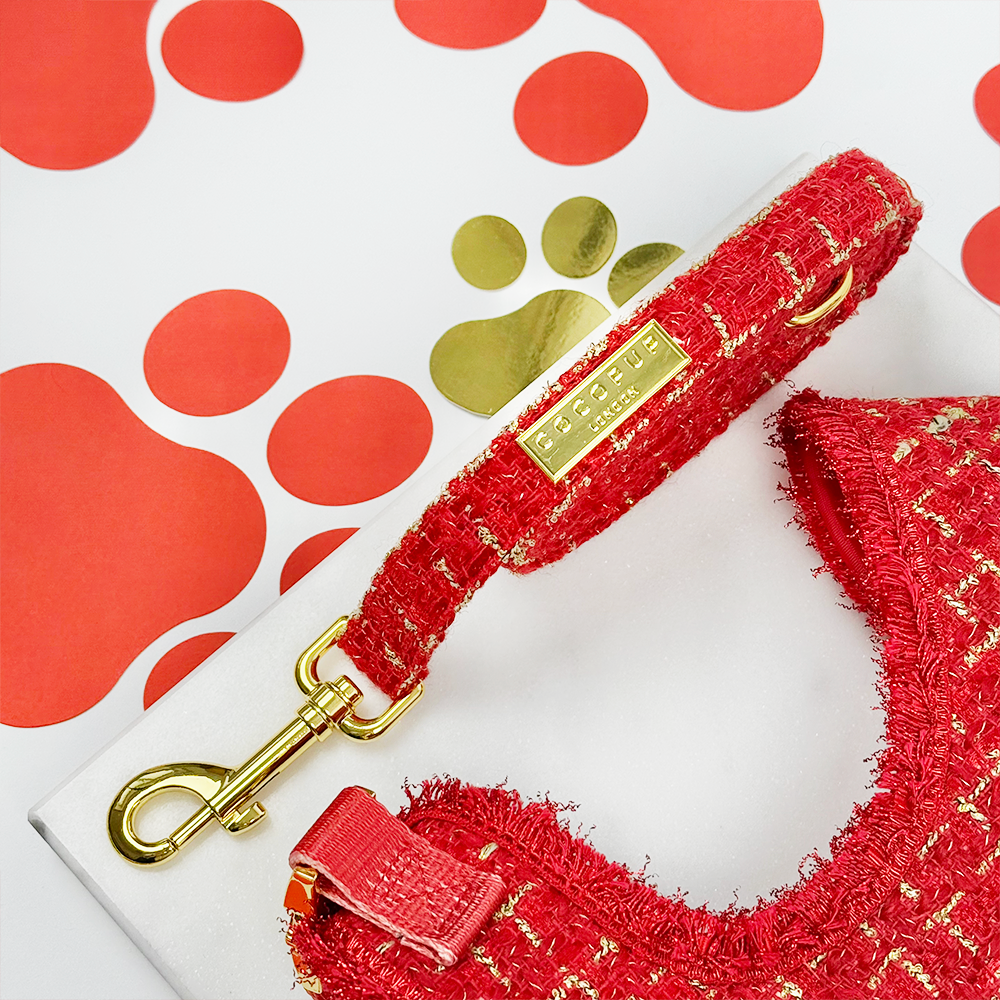 Red Textured Tweed Adjustable Neck Harness, Lead & Collar Bundle