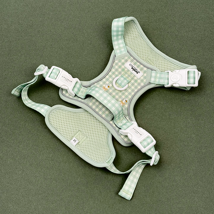 Green and white check print dog harness with embroidered geese design.