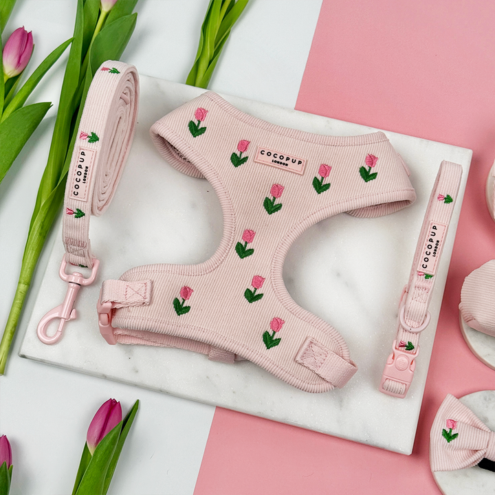 Pink dog harness, collar and lead with tulip design.