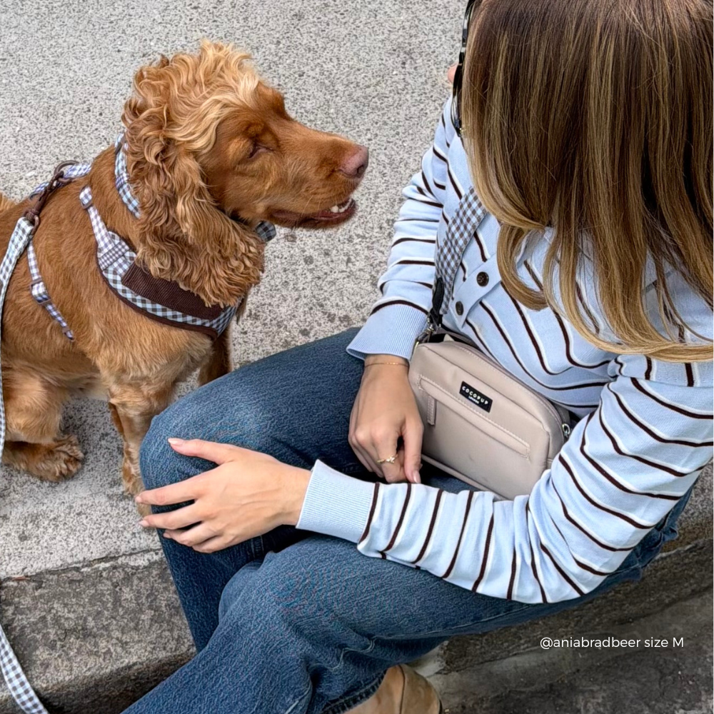 A woman sitting on concrete next to a brown cocker spaniel dog wearing a blue and white checkered harness. The woman is wearing a light blue and brown striped long-sleeve top, blue jeans, and a beige crossbody bag