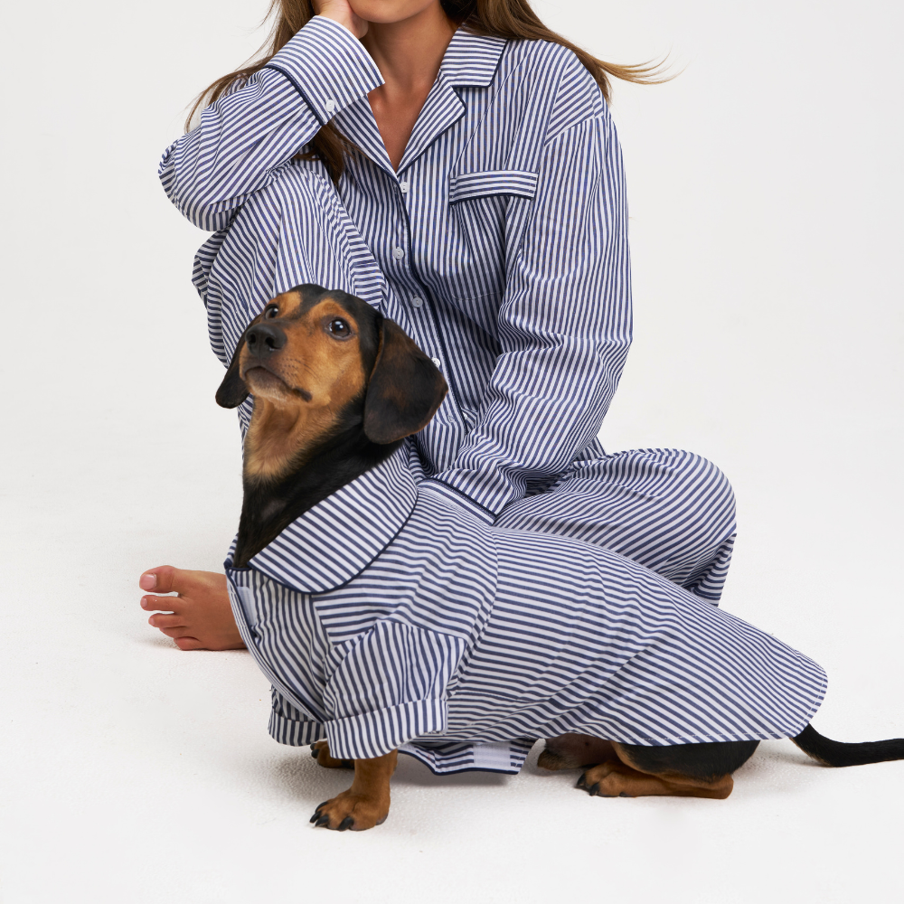 A woman and a dachshund dog wearing matching blue and white striped pajamas, posed against a clean white studio background.
