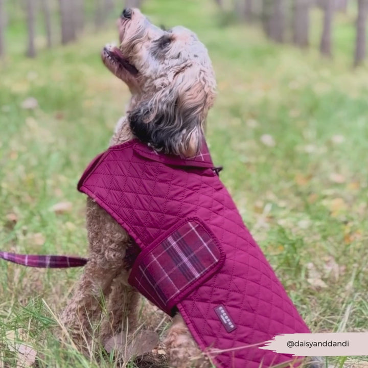 PERSONALISED Quilted Dog Coat - Mulberry Plaid
