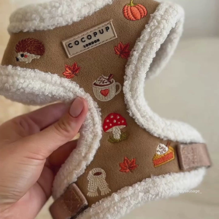  a tan and white trim harness with autumn-themed embroidered details including a pumpkin, mushroom, coffee cup, and leaves. The brand label reads 'COCOPUP LONDON'.