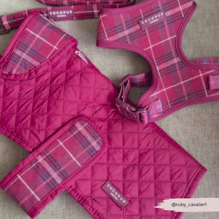 PERSONALISED Quilted Dog Coat - Mulberry Plaid