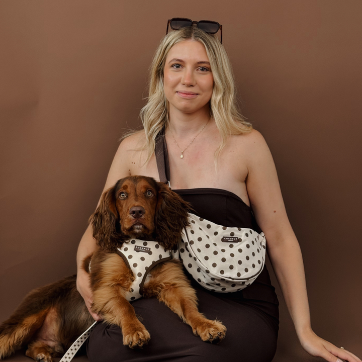 Crossbody Crescent Dog Walking Bag - Tiramisu Polka Dot