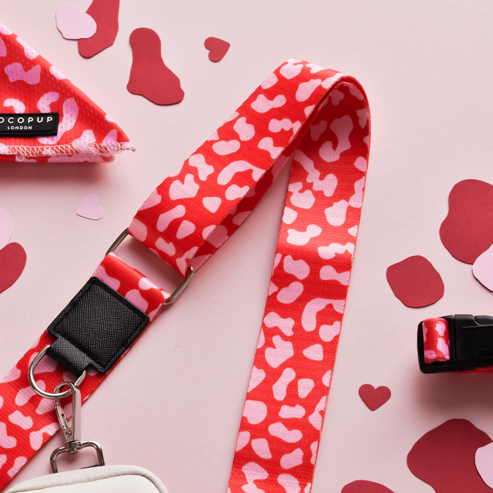 Dog walking bag bundle with red and pink leopard print lanyard, featuring bold animal pattern accents.